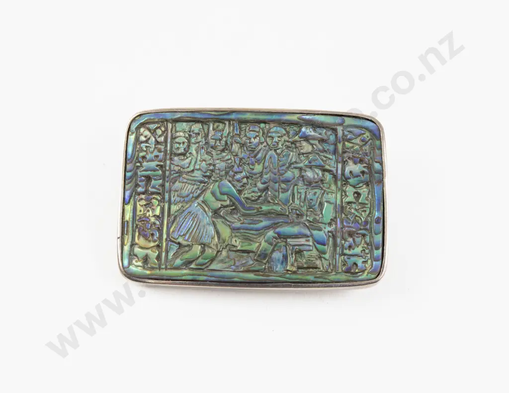 Vintage NZ S/S Paua 'Signing of the Treaty of Waitangi' Brooch Image 1++