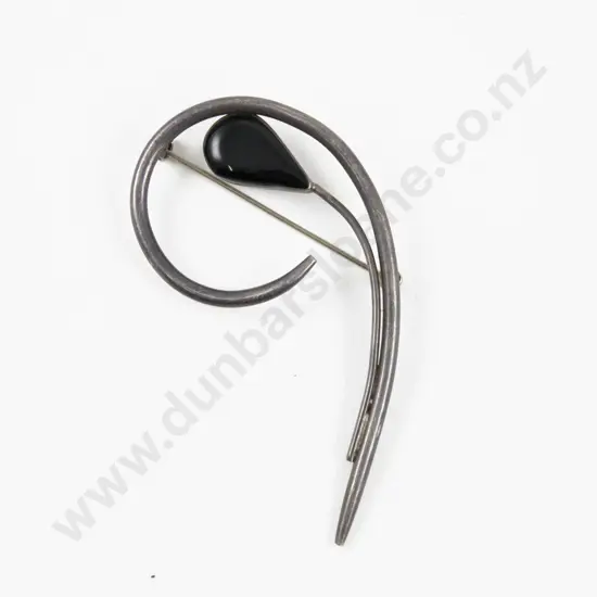 Mexican .925 Silver Single Onyx Stone Fancy Brooch
