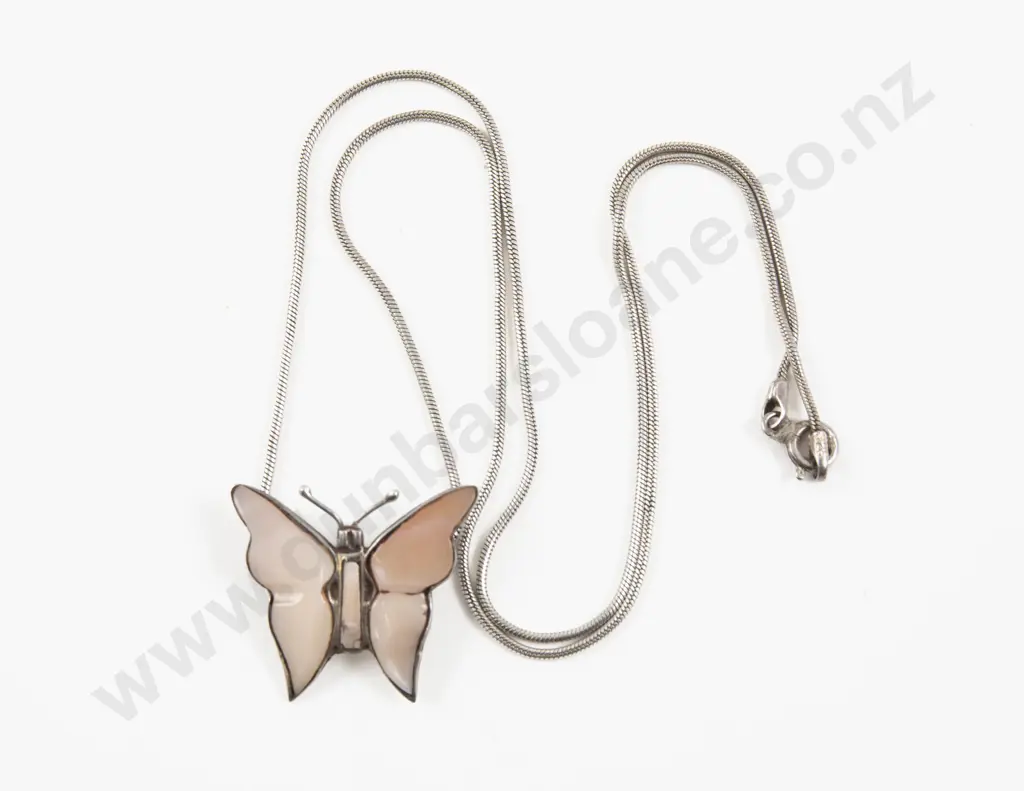 Mexican .925 Silver Pink MOP Butterfly Pendant Image 1++