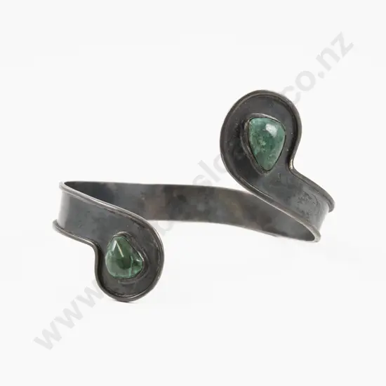 .935 Silver Two Green Gem Stone Cuff Bangle