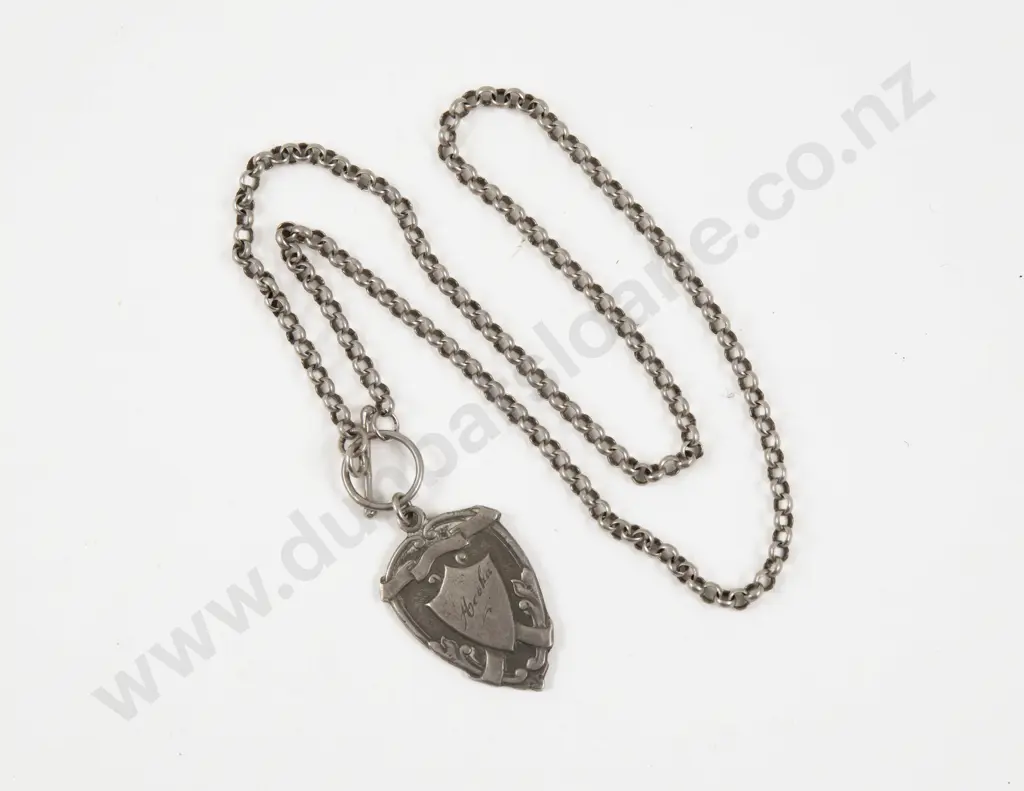 Vintage S/S Shield Watch Fob Pendant on Neck Chain Image 1++