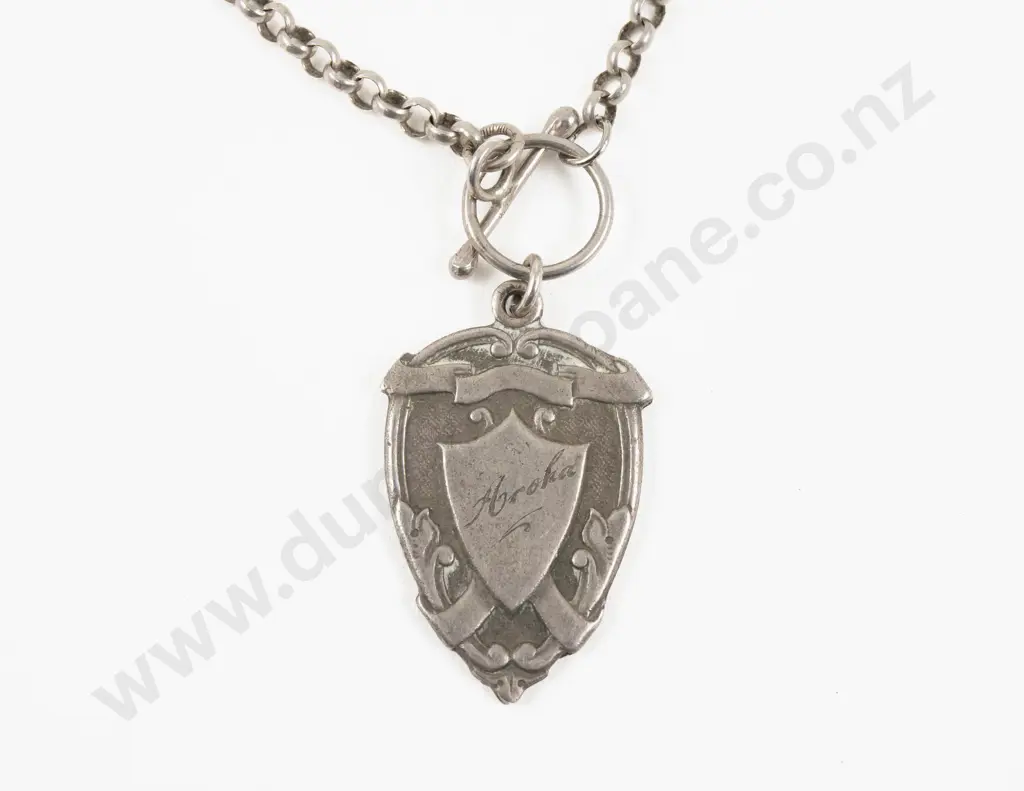 Vintage S/S Shield Watch Fob Pendant on Neck Chain Image 1++