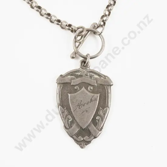 Vintage S/S Shield Watch Fob Pendant on Neck Chain