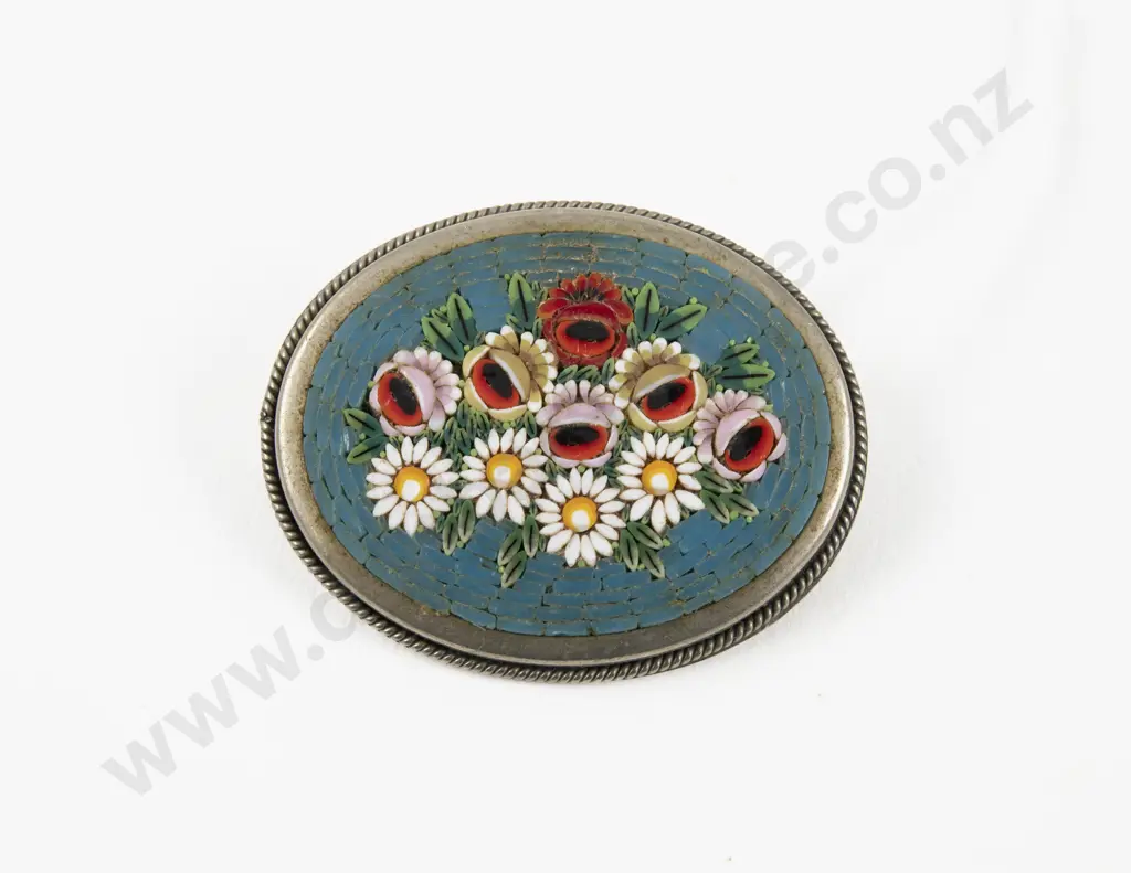 Italian Alpaca Micro Mosaic Floral Brooch Image 1++