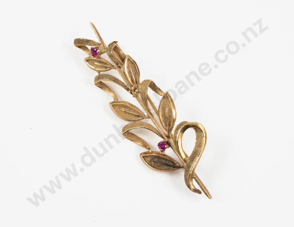 Vintage 18ct Two Stone Ruby Floral Branch Brooch Image 1++