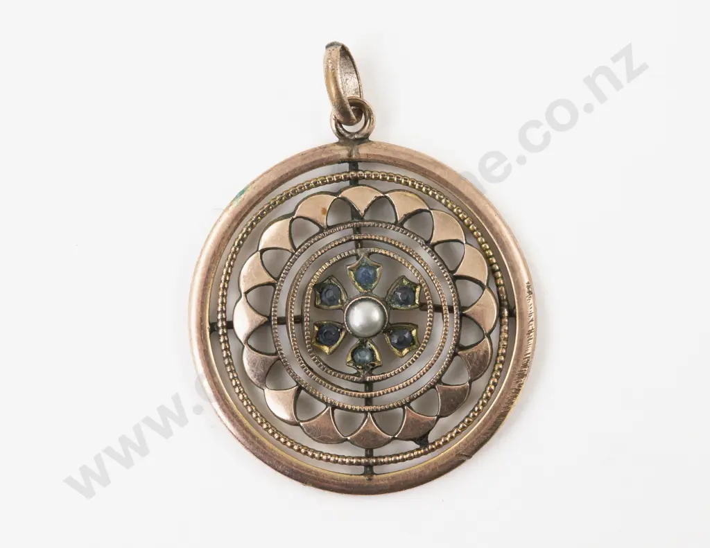 Victorian Gold Plated Pearl and Sapphire Paste Circular Pendant Image 1++