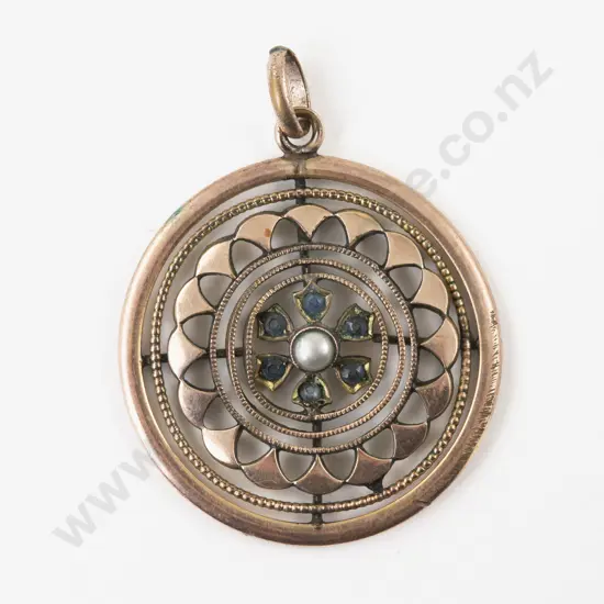 Victorian Gold Plated Pearl and Sapphire Paste Circular Pendant