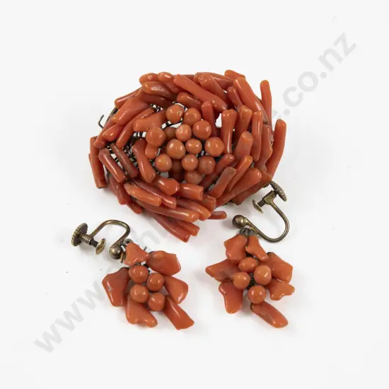Pair of Vintage Coral Bead Pendant Drop Earrings with Matching Brooch