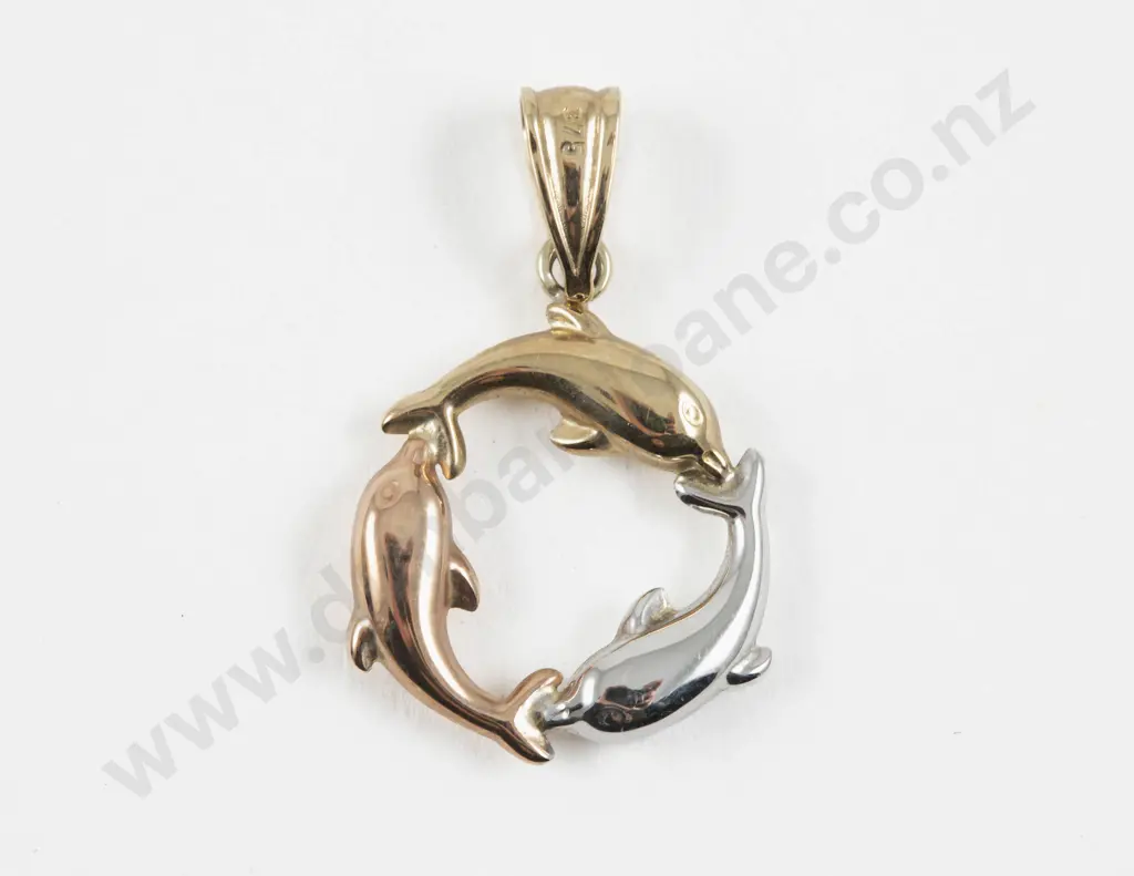 9ct Tri-Colour Circular Dolphin Pendant Image 1++