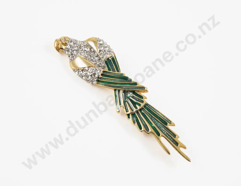 Vintage Gold Plated Enamel and Rhinestone Parrot Brooch Image 1++