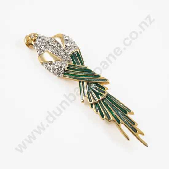 Vintage Gold Plated Enamel and Rhinestone Parrot Brooch