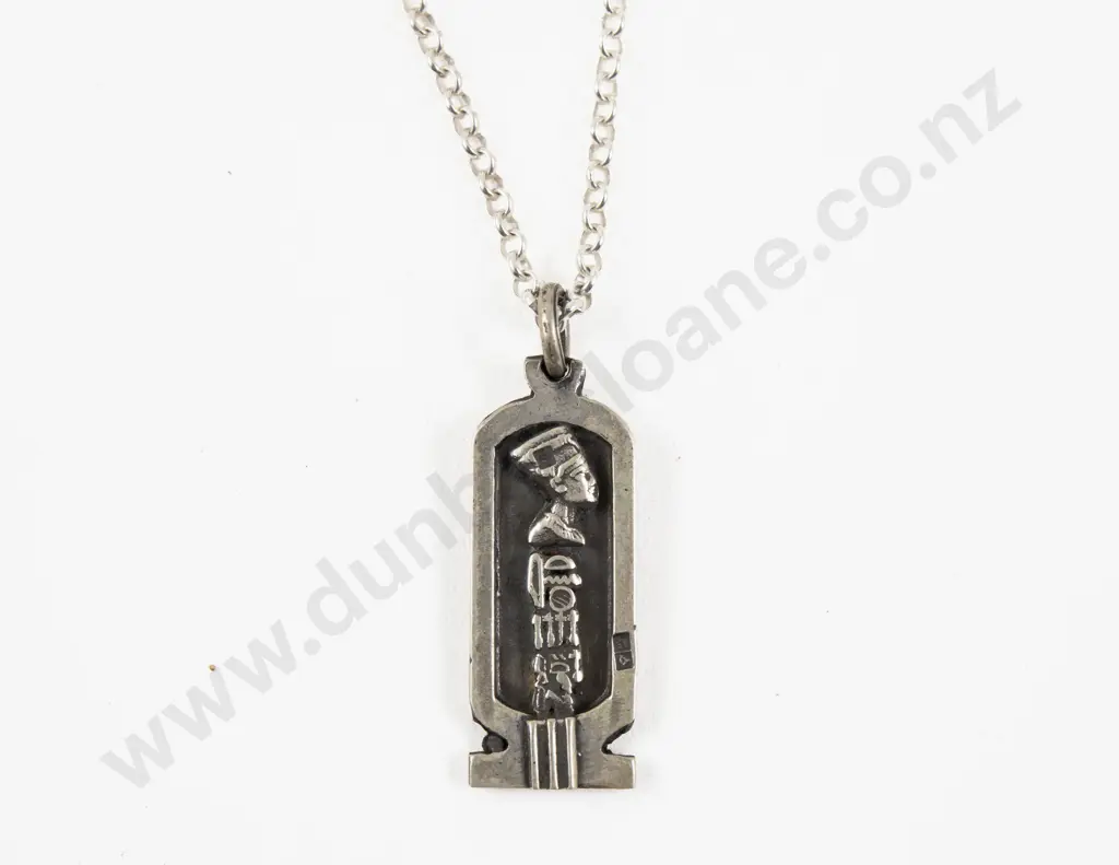 Egyptian Silver Queen Nefertiti and Hieroglyphic Symbols Pendant Image 1++