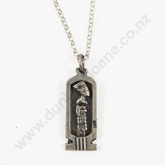 Egyptian Silver Queen Nefertiti and Hieroglyphic Symbols Pendant