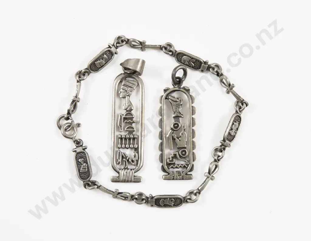 Two Egyptian Silver Pendants and Bracelet Image 1++