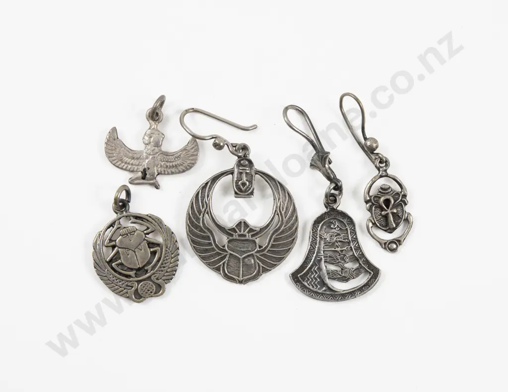Collection of Assorted Egyptian Silver Pendants and Odd Earrings Image 1++