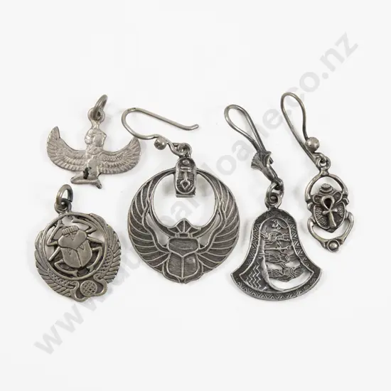 Collection of Assorted Egyptian Silver Pendants and Odd Earrings