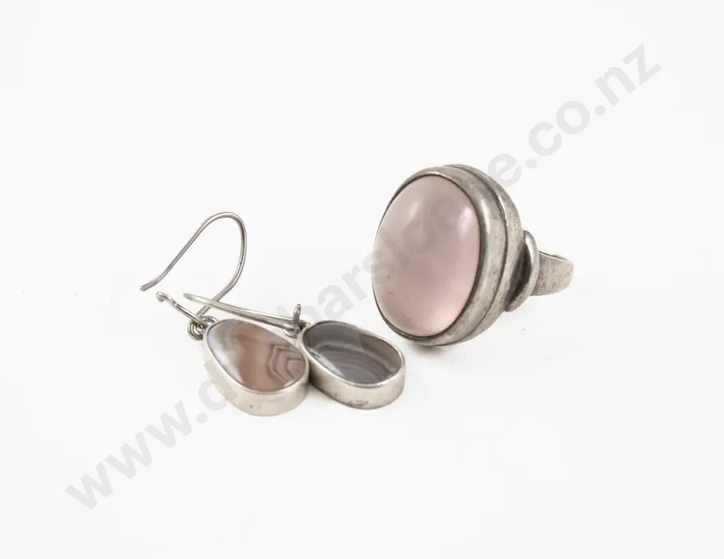 S/S Rose Quartz Dress Ring and Pair Agate Pendant Drop Earrings Image 1++