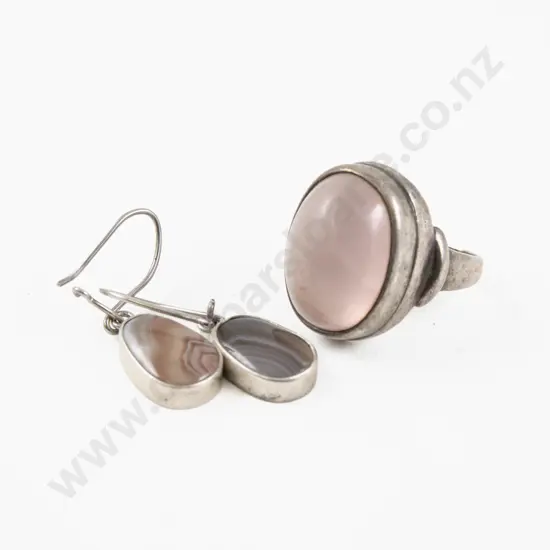 S/S Rose Quartz Dress Ring and Pair Agate Pendant Drop Earrings
