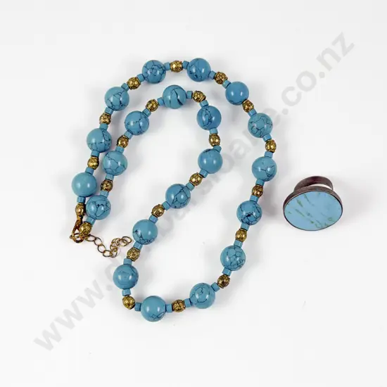 Single Strand Uniform Turquoise Bead Necklace with Ring