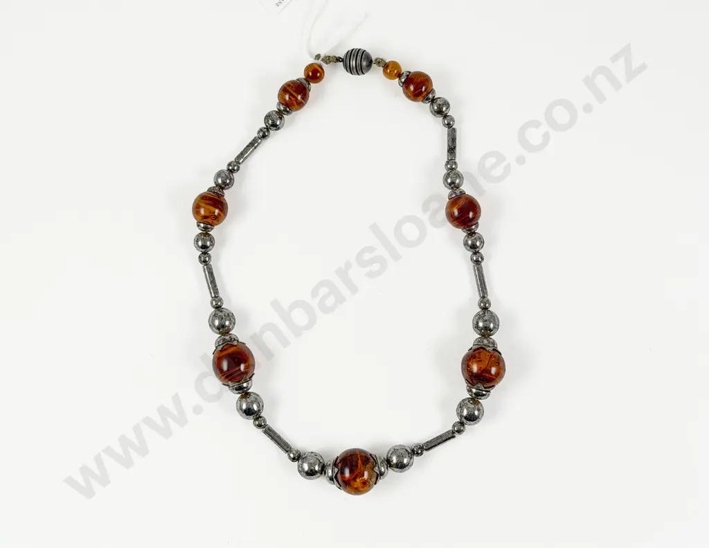 Art Deco Single Strand Silver Plated and Amber Bead Necklace Image 1++