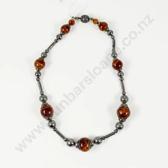 Art Deco Single Strand Silver Plated and Amber Bead Necklace