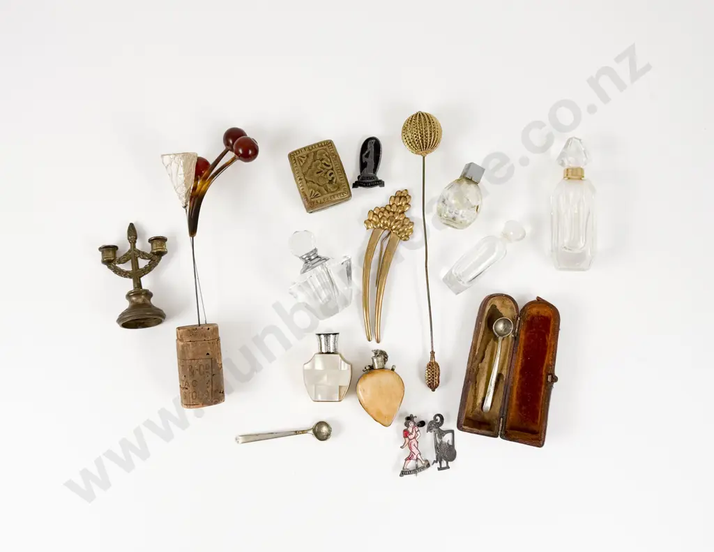 Collection of Vintage Perfume Bottles Hat Pins Belt Buckle and Assorted Image 1++