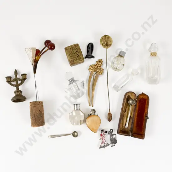 Collection of Vintage Perfume Bottles Hat Pins Belt Buckle and Assorted