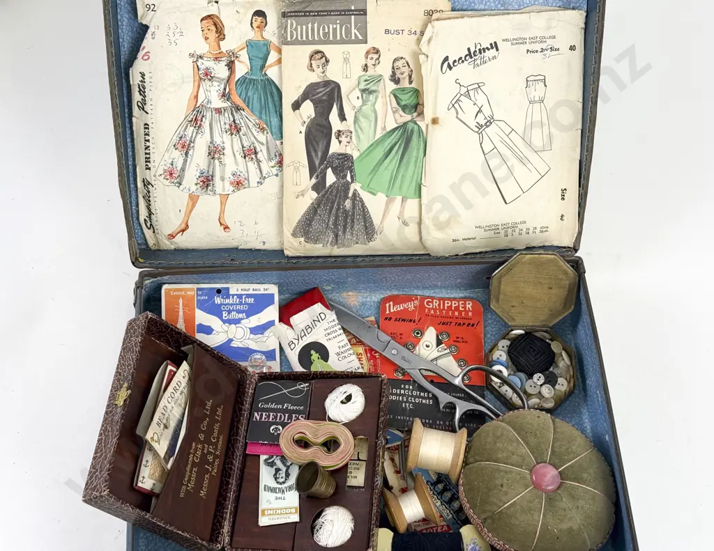 Small Suit Case of Assorted Sewing Gear with Victorian Beaded Purse Image 1++