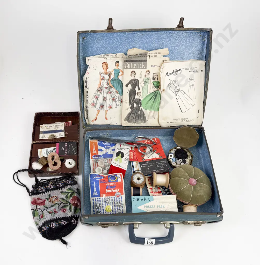 Small Suit Case of Assorted Sewing Gear with Victorian Beaded Purse Image 1++