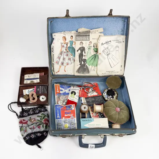 Small Suit Case of Assorted Sewing Gear with Victorian Beaded Purse
