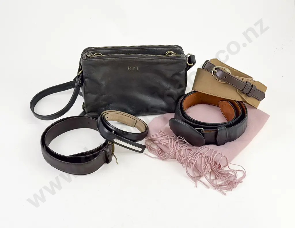 David Jones Pink Scarf Black Leather Handbag and Assorted Leather Belts Image 1++