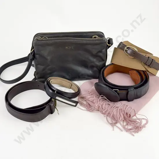 David Jones Pink Scarf Black Leather Handbag and Assorted Leather Belts