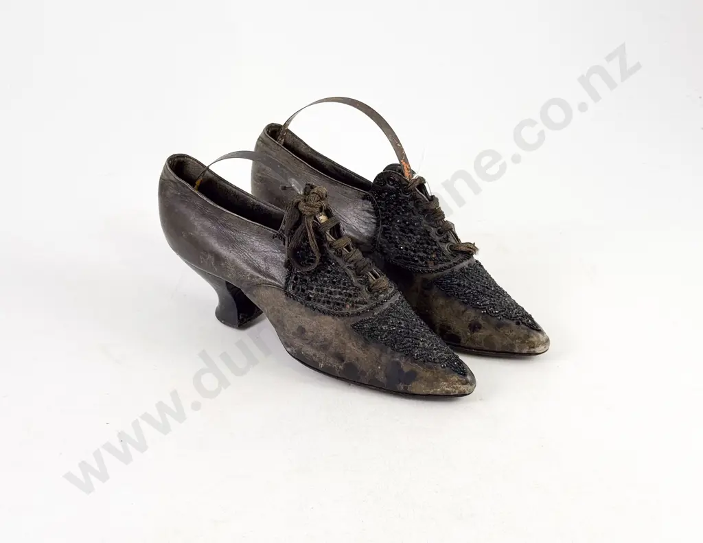 Pair Late Victorian Ladies Leather Dress Shoes with Glass Beading Image 1++