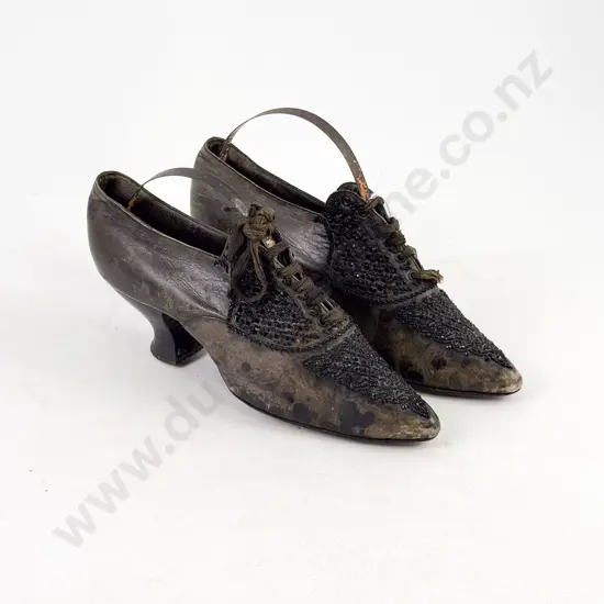 Pair Late Victorian Ladies Leather Dress Shoes with Glass Beading