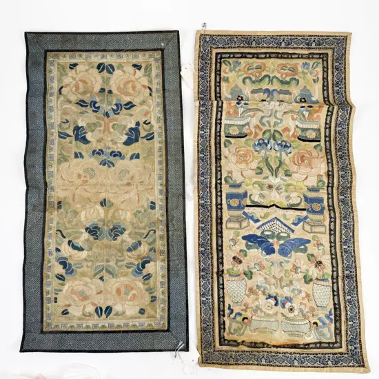 Two Chinese Embroidered Panels with Small Quantity of Linen
