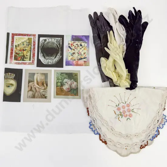 Art Panel Material Piece Two Tray Cloths and Various Gloves