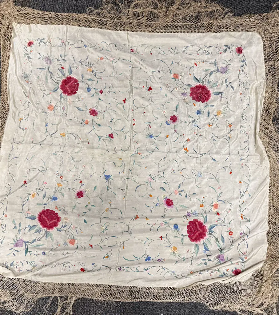 Early C20th Large Embroidered Silk Piano Shawl Image 1++