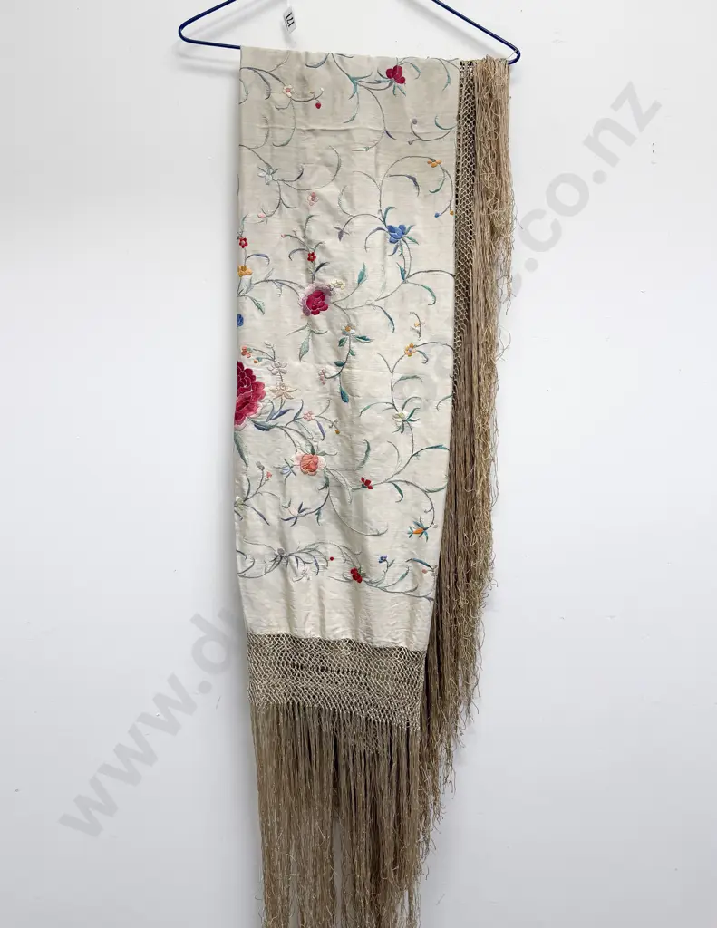 Early C20th Large Embroidered Silk Piano Shawl Image 1++