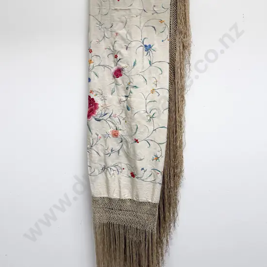 Early C20th Large Embroidered Silk Piano Shawl