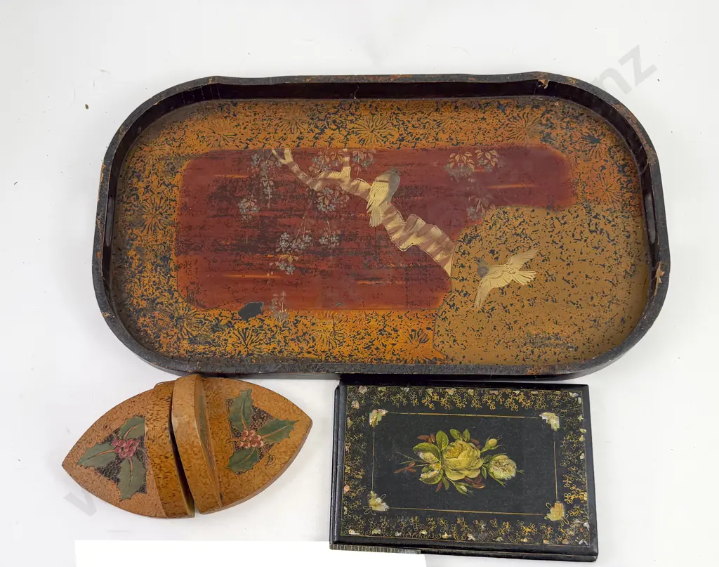 Early C19th Lacquer Tray Book Ends Paper Mache Cover Bridge Pads and Assorted Image 1++