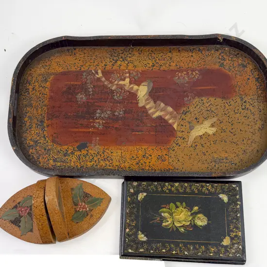 Early C19th Lacquer Tray Book Ends Paper Mache Cover Bridge Pads and Assorted