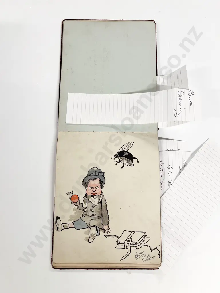 Antique Autograph Album Pre-WWI NZ and Japan Sailor Pages with Drawings by Marjorie Packer Image 1++