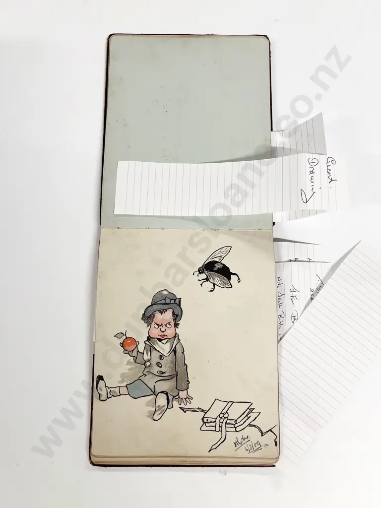 Antique Autograph Album Pre-WWI NZ and Japan Sailor Pages with Drawings by Marjorie Packer Image 1++