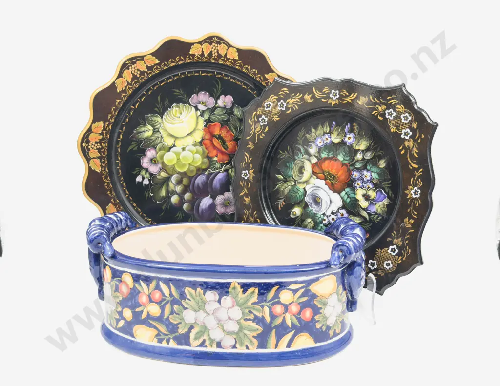 Two Decorative Lacquer Trays together with Handpainted Flower Trough Image 1++