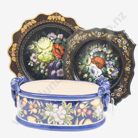 Two Decorative Lacquer Trays together with Handpainted Flower Trough