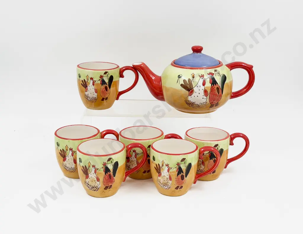 Chook Decorated Teapot & Six Cups Image 1++