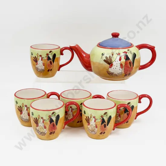 Chook Decorated Teapot & Six Cups
