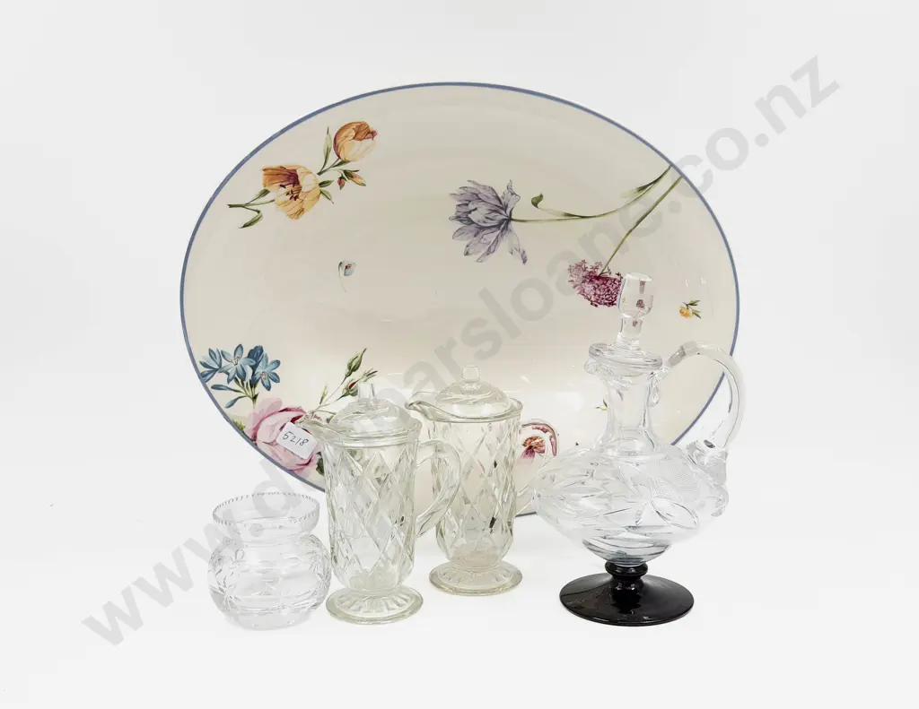 Qty of Assorted Glass Ware on Wedgwood "Ophelia" Pattern Oval Dish Image 1++