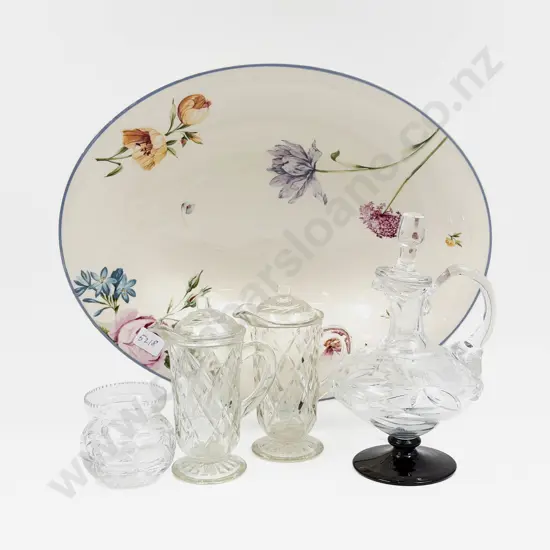 Qty of Assorted Glass Ware on Wedgwood "Ophelia" Pattern Oval Dish
