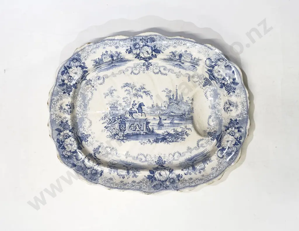 Antique Blue & White Gravy Tree Ashet Image 1++
